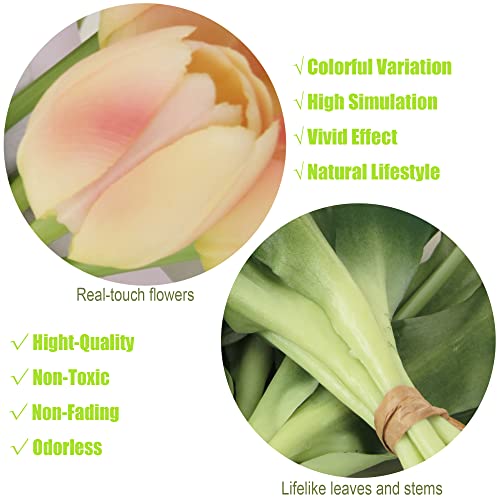 20pcs Artificial Tulip Flowers,16 Inch Real Touch Tulip Stems with Faux Leaves, Faux Tulips and Buds for Home Décor Centerpiece Ornament Wedding Bouquet,Champagne - color: Champagne