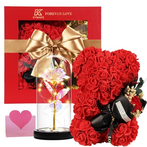 Mothers Day Rose Gifts for Mom Women Wife Girlfriend, Rose Bear & Beauty and the Beast-Inspired Rainbow Light-Up Roses Gift Set – Perfect for Valentine’s, Birthday Mother’s Day and Anniversary - color: Red +Colorful Rose