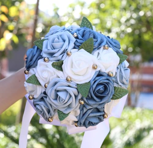 Handmade Wedding Bouquet Artificial PE Rose Bridal Bridesmaid Bouquet with Soft Ribbons Wedding Hand Holding Bouquet Artificial Fake Flowers Toss Bouquet(B-Light Blue & Blue & White, 9.1"/23cm) - color: B-light Blue & Blue & White, size: 9.1"/23cm