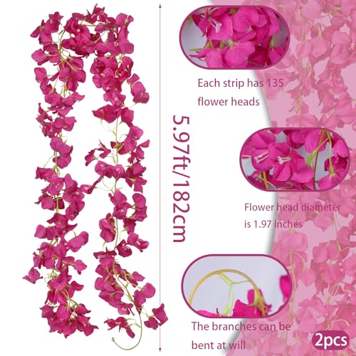 2 Pcs Artificial Bougainvillea Flowers Garland Fake Silk Bougainvilleas Vines Trailing Fuchsia Faux Hanging Flowers Plants Bougainvillea Artificial for Porch Wedding Arch Spring Summer Decor - color: Fuchsia