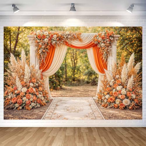 6X4ft Floral Photography Backdrop, Retro Flowers Backdrop Dreamlike Wedding Portrait Photo Background Romantic Wedding Birthday Bridal Shower Engagement Party Background Banner Decor, Orange-4 - color: Orange-4, size: 6x4ft