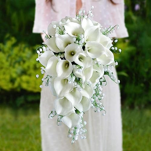 Wedding Bouquet for Bride, White Calla Lily Water Drop Waterfall Romantic Wedding Artificial Flowers Bouquets Cascading Bridal Bouquets for Wedding Ceremony and Anniversary Home Decor, A - color: White Calla Lily Bouquet a