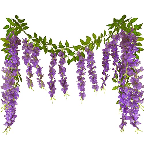 CISDUEO 2 Pcs Wisteria Hanging Flowers Vines Purple Wisteria Flowers Vine Garland Artificial Wisteria Vines Hanging Flower Silk for Wedding Arch Party Garden Home Decor Table Backdrop 6 Feet - color: Purple