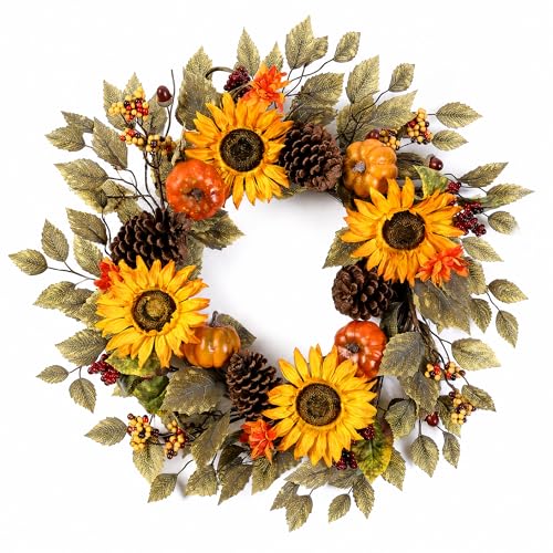 20" Fall Wreath Front Door Pumpkin Sunflower Pine Cones Artificial Wall Decor Farmhouse Autumn Wreath Thanksgiving Home Porch Outdoor Indoor Holiday Harvest Decor - color: Brown, size: 20''