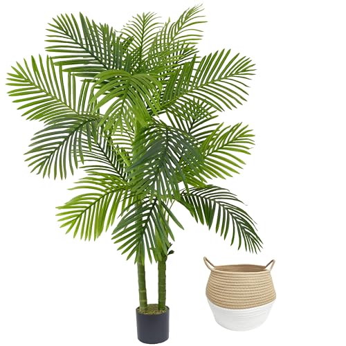 Warmplants Artificial Palm Tree, 5ft Golden Cane Faux Palm Plant with Basket, Large Phoenix Palm UV Resistant Fake Plants for Indoor Outdoor Home Garden Patio Office Décor - color: Palm, size: 5ft