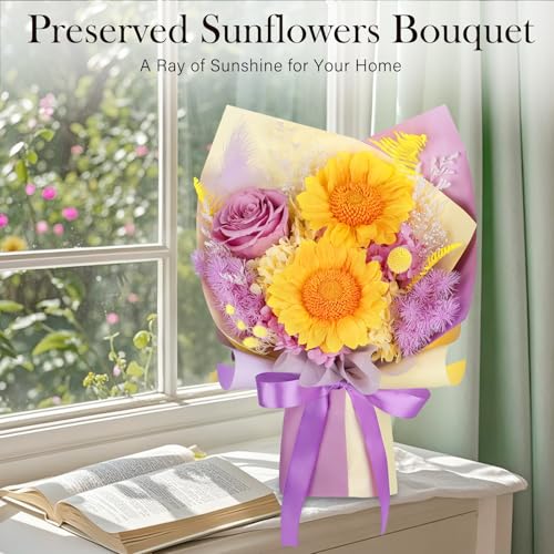 Preserved Sunflower Bouquet - Forever Flowers for Delivery, Purple Rose That Last 3 Years, Eternal flowers Bouquet, Mothers Day Gifts for Mom Grandma Wife, Anniversary Birthday Gifts for Women - color: Purple