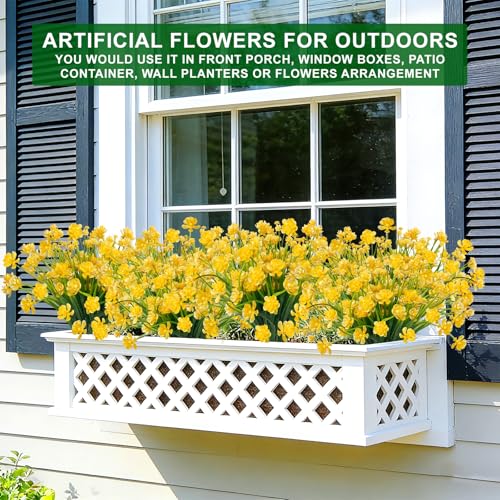 TURNMEON 12 Bundles Artificial Flowers for Outdoors Summer Decor, Realistic UV Resistant Fake Plants Faux Plastic Flowers for Outside Planter Home Gardens Porch Yards Spring Cemetery Decor(Yellow) - color: Yellow, size: 12 Bundles