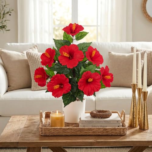 Briful Artificial Hibiscus Potted Plant 20.8” Tall, Realistic Silk Hibiscus Flowers Farmhouse Table Decor, Faux Tropical Flower Plant in Pot for Living Room Table, Entryway, Office, Home Decor, Red - color: 20.8'' Red