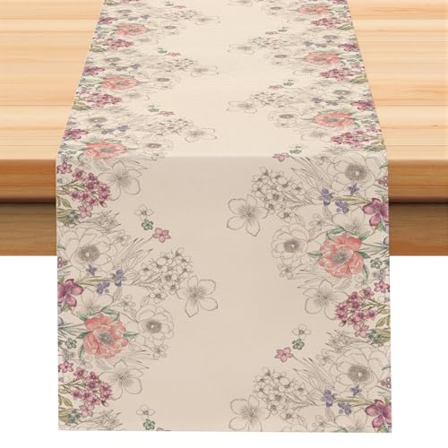 Larponder Summer Colorful Flowers Table Runner, 13x108 Inch | Table Decoration for Spring Seasonal Anniversary Holiday Kitchen Dinning Table Home Party Decor - color: Sketch Flowers-3, size: 13" x 108" (Rectangular)