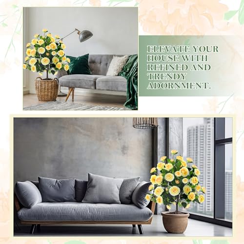 Lunmon 2 Pack 4ft Artificial Camellia Plants Tree 48" Faux Camellia Flower with Spike (Without Vase) UV Resistant Realistic Fake Floral Blooming for Outdoor Front Door Porch Backyard Garden, Yellow - color: Yellow, size: 4 ft
