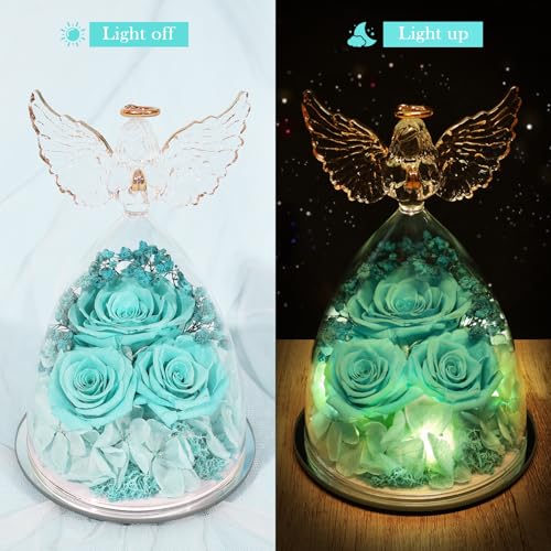 Mothers Day Flowers Gifts for Mom Flowers for Delivery Preserved Flowers Forever Real Fresh Roses in Glass Angel Figurines Birthday Gifts for Women Anniversary Present for Grandma Wife from Daughter - color: Light Blue (Rose, Baby's Breath, Hydrangea)