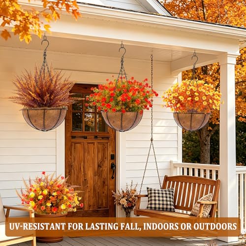 20 Bundles Artificial Fall Flowers for Outdoors Fall Decorations - UV Resistant Fake Mums Faux Fall Plants Plastic Flowers for Garden Porch Fireplace Patio Home Indoor Autumn Fall Thanksgiving Decor - color: Mix Orange Brown Yellow, size: 20 Bundles