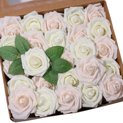 50pcs Artificial Flower，Real Touch Foam Roses w/Stem DIY for Wedding Bouquet Centerpieces Party Shower Home Decor-Ivory Cream - color: Ivory Cream