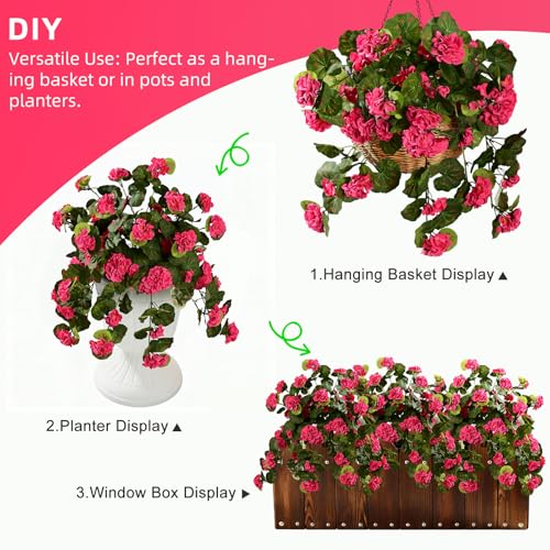 Artificial Geranium Flowers for Outdoor 2 Pcs Artificial Red Flower Fake Flowers with Stems Silk Realistic Look Real Floral Arrangement for Front Door Porch Planter Patio Balcony (2 Pcs Rose Red) - color: 2 Pcs Rose Red