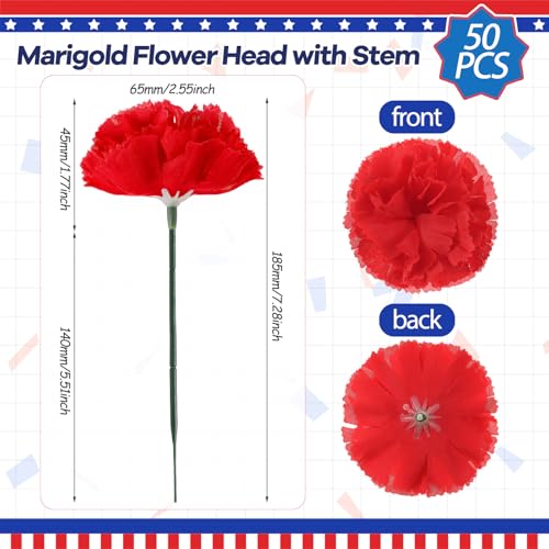 Syhood 50 Pcs 4th of July Marigold Flower Bulk Red White and Blue Flowers Memorial Day Decorations Patriotic Floral with Stems DIY Garland(2.4 Inch, Independence Day Colors) - color: Blue, Red, White