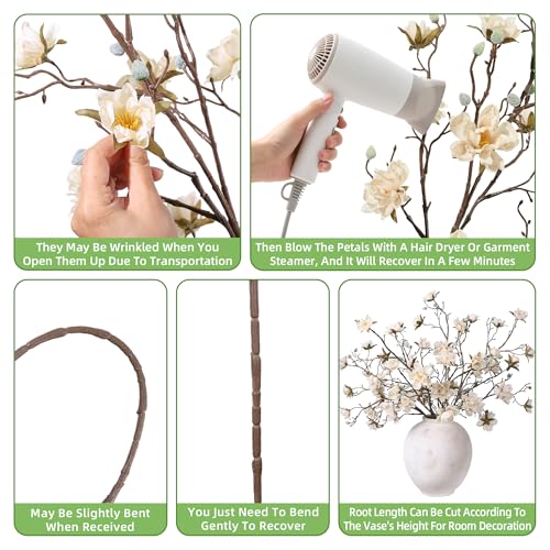 HyeFlora 3PCS Artificial Magnolia Flowers Stems for Spring Decoration, Faux Champagne Magnolia Branches with Buds, 34.5" Long Stems Floral Arrangement for Vase Pot Table Centerpiece Indoor Decor - color: Champagne