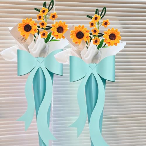 2Pcs Valentines Day Gifts Handmade Sunflower Bouquet with Blue Bow Box – 2 Finished Pipe Cleaner Sunflowers, Ready-to-Gift Artificial Flowers for Weddings, Parties, Birthdays, Home Decor - color: Sunflower