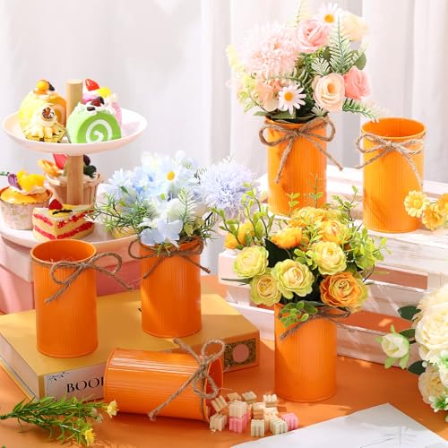 Rustic Vase for Table Centerpieces 4.33 Inch Small Petite Flower Vase with Twine Bow Vintage Farmhouse Decor for Wedding Reception Dining, Home Galvanized Metal Buckets(Orange,12 Pcs) - color: Orange