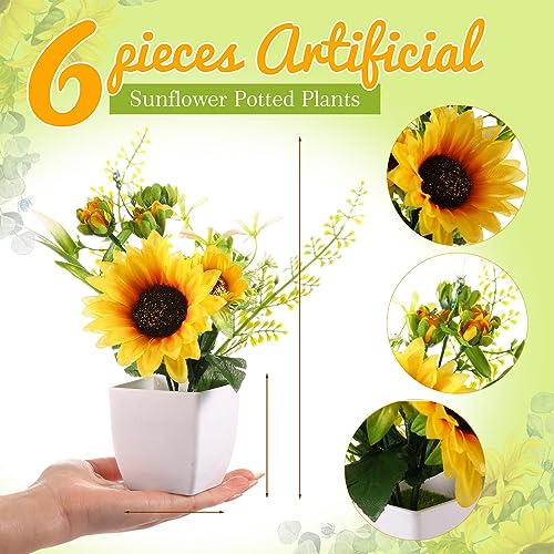6 Pcs Artificial Sunflower Potted Plants Table Centerpieces Spring Summer Sunflowers with Plastic Pot Artificial Flower Arrangement Wedding Party Decoration Rustic Kitchen Decor (Sunflower Style)