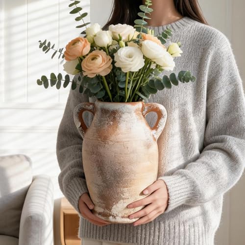 Ceramic Flower Vase, 8.3" Rustic Farmhouse Table Vase, Low Profile Decorative Pottery Vase for Fresh Flowers, Faux Stems, Coffee Table, Kitchen, Bathroom and Shelf Decor - color: Rustic-6.7"l X 6.3"w X 8.3"h