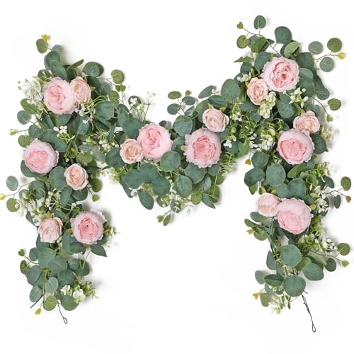 2 Pack 13FT Flower Garland, Artificial Rose Vine Fake Flower Garland Silk Rose Peony Hanging Vine Faux Floral Garlands for Wedding Party Arch Table Wall Backdrop Decoration (Light Pink, 2PCS) - color: Light Pink, size: 2PCS
