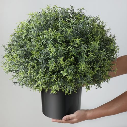 2 Sets Artificial Rosemary Topiary Ball Trees for Front Door - UV Resistant Faux Outdoor Rosemary Bushes, Fake Spring/Summer Greenery Potted Plants for Farmhouse Garden Porch Outside Decor