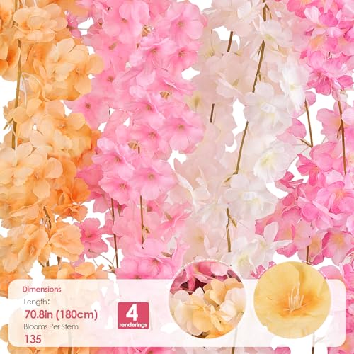 4 PCS Cherry Blossom Garland Artificial Silk Flower Vine Hanging Floral Decor for Wedding Arch Party Home Garden Wall Decoration (Colorful) - size: 70in-4pcs-Colorful