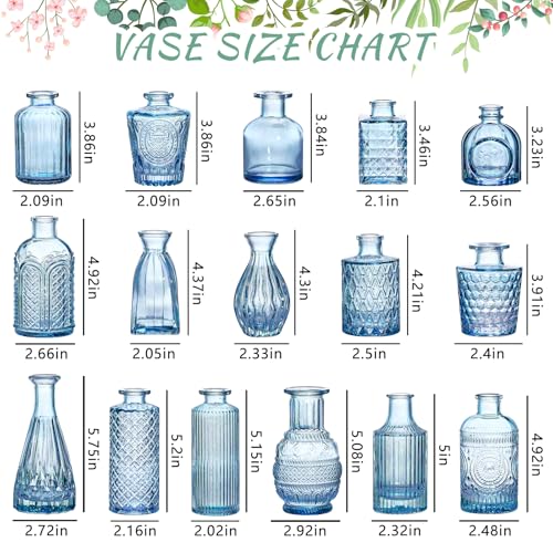 SUPMIND 16pcs Glass Bud Vase Set, Small Blue Flower Vases for Centerpieces in Bulk, Mini Vintage Vase for Wedding, Home Decor, Table Decoration - color: Blue