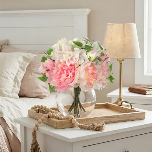 Artificial Flower in Vase, Faux Silk Flowers Arrangement Peony Hydrangea Poppy Eucalyptus Bouquet with Faux Water, Fake Floral Centerpiece for Dining Table Home Decor Wedding Office Shelf - Pink - color: Light Pink
