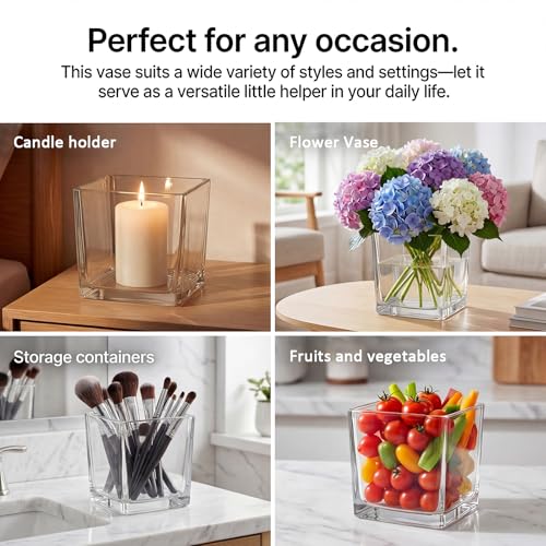 4 Pack Square Glass Vase 6" x 6" x 6", Clear Flower Vase for Centerpieces,Plant Terrarium, Floating Candle Holder for Wedding Centerpieces, Office Decorations, Home Décor, Parties and Events - size: 6"-4Pack