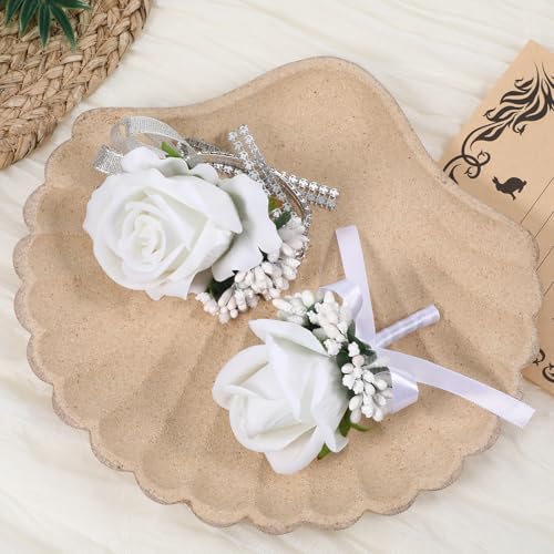 Lusofie Sparkling White Rose Corsage and Boutonniere Set for Women Men - 2Pcs Elegant Rhinestone Wristlet, Artificial Flowers for Prom Wedding Homecoming Party