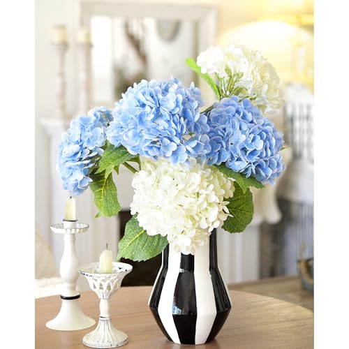 FiveSeasonStuff Real Touch Silk Hydrangea Flowers, 2 Large Long Stem Artificial Flowers for Floral Arrangements (Mixed Summer White & Heavenly Blue) - color: Mixed Summer White + Heavenly Blue