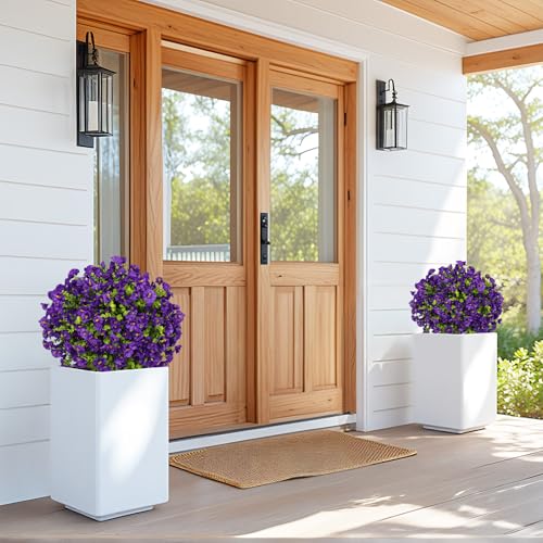 24" Artificial Potted Plants Outdoor Set of 2, UV Resistant Faux Purple Flowers with Eucalyptus, Decorative Plants in Pots for Front Porch, Patio & Entryway - color: Purple, size: 24in Morning Glory Eucalyptus