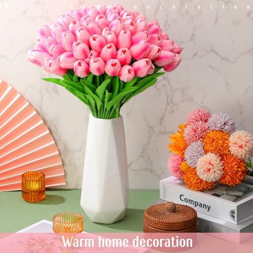Jexine 100 Pcs Artificial Real Tulips Fake Artificial Tulip Flower Bulk Bouquet with Stem for Table Centerpieces Wedding Bridal Easter Mother's Day Garden Home Decor, 13.4''(Purple Rose) - color: Purple Rose