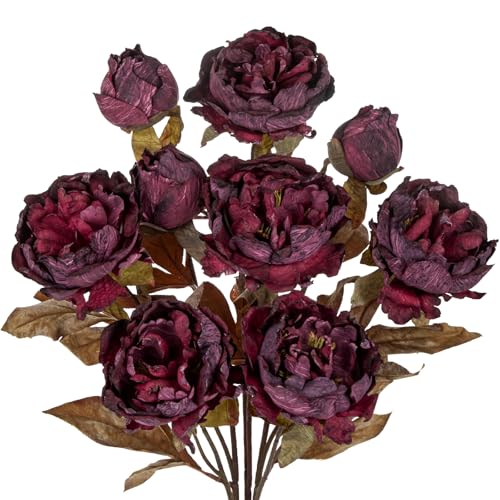 Briful Artificial Dried Look Fall Peony Flowers 3PCS 27.5in Tall Dark Purple Vintage Silk Peony Bouquet Realistic Fake Peonies Floral Stems for Autumn Home Wedding Vase Centerpieces Arrangements Decor - color: Dark Purple
