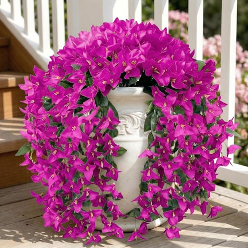 Artificial Flowers for Outdoors Fake Fuchsia Bougainvillea Hanging Flower Decoration, 2Pcs Realistic Faux Silk Plants Long Trailing Vines, Spring Decor for Porch Patio Balcony Planter Yard - color: Bougainvillea - Fuchsia