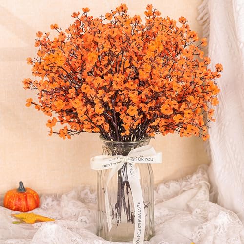 Der Rose 10Pcs Fake Fall Flowers Orange Baby Breath Artificial Flowers Real Silk Floral Arrangement Stems for Thanksgiving Table Centerpieces Home Kitchen Mantle Porch Outdoor Decorations - size: 10-Orange Baby Breath