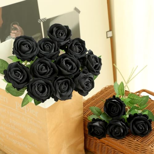 15Pcs Pearl Black Roses Artificial Flowers Fake Roses Long Stem Velet Rose Silk Flowers for Home Wedding Decoration (Pearl Rose,Black) - color: Pearl Roses - Black 15p