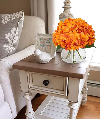 Hollyone Hydrangea Artificial Flowers in Vase Orange Silk Fake Flowers Arrangements with Glass Vase with Faux Water Faux Floral Bulk Bouquet for Office Table Centerpiece Shelf Home Decoration - color: Hydrangea, Orange
