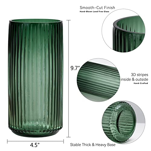 TIMEFOTO Flower Vase 10 inch Green Thickened Hand Blow Glass Vase Round Vintage Striped Bottles for Bookshelf,Dinner Table,Indoor Office Desktop,Meeting Room,Bathroom,Countertop,Home - color: Glass Green, size: 10 inch