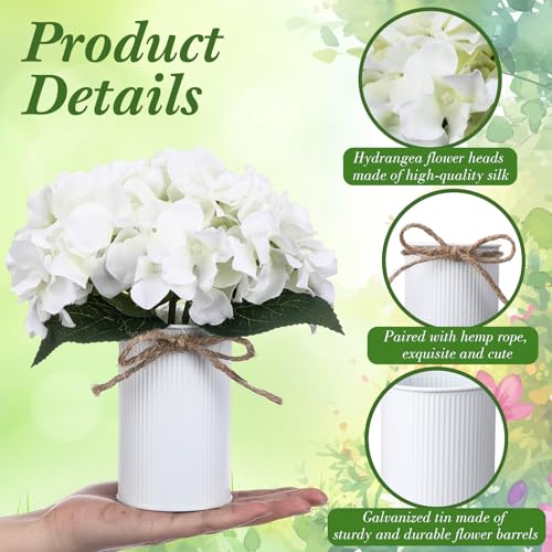 Zeyune White 12 Sets Wedding Flower Table Centerpieces Artificial Hydrangeas with Rustic Metal Vase Fake Hydrangea Flowers in Pot Floral Arrangement for Wedding Bridal Tea Party Table Home Decor - color: White