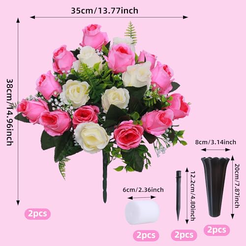 Lodou Set of 2 Artificial Cemetery Flowers, Memorial Flowers Bouquet,Grave Memorial Flowers with Vase for Cemetery Headstones Decoration (Pink White) - color: Pink White