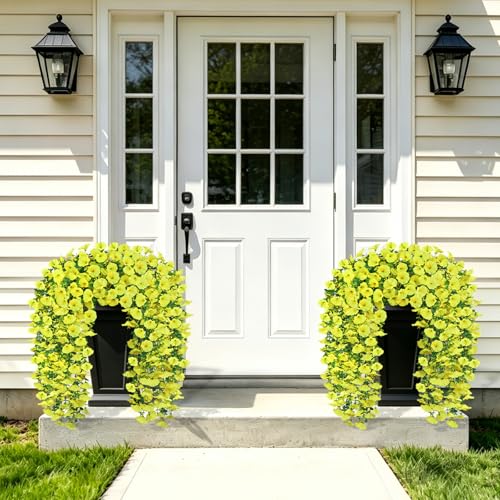 Artificial Flowers for Outdoors, 6-Pack 420 Blooms UV Resistant Hanging Morning Glory Silk Flowers Vines, Realistic Fake Plants Outside Decroation for Porch Patio Balcony Yard Garden (Yellow) - color: Yellow