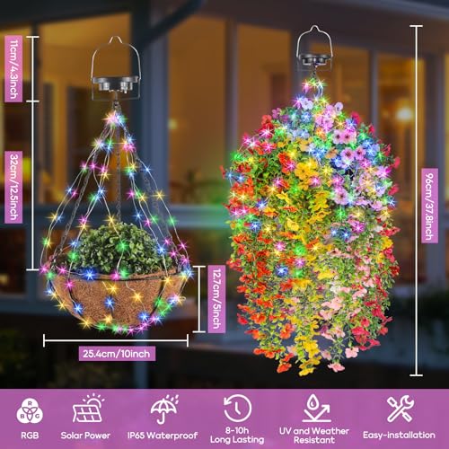 Solar Hanging Basket with Artificial Flowers: Outdoor Fake Plants Flower Basket with Solar String Lights for Summer -10 in UV Resistant Faux Silk Flower Baskets for Home Porch Yard Patio Garden Decor - size: 10inch, style: Eucalyptus Daisy - Colorful