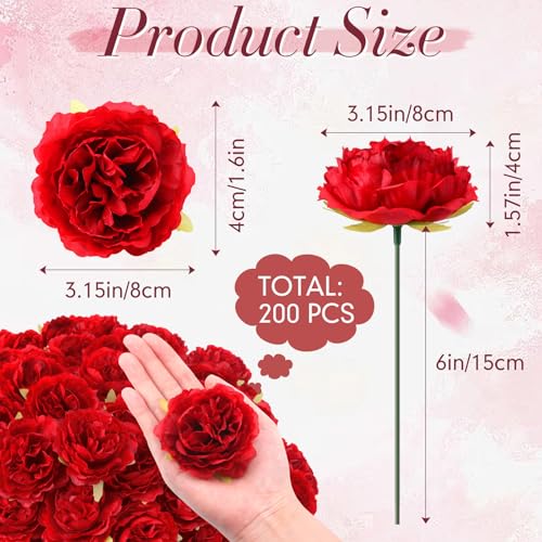 Thiccywoov 200 Pcs Flowers Long Stem Artificial Rose Bulk, 3.2 Inches Silk Rose Head Flowers Faux for Wedding Bridal Bouquet Independence Day Home Floral DIY Centerpieces Party Decoration(Red) - color: Red