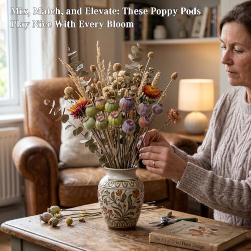 Artificial Flowers -12Pcs Artificial Poppy Pods, Real Touch Flowers for Bathroom,Coffee Table,Wedding, Home,Party Decoration,Table Centerpiece Arrangement (Green & Brown,No Include Vase)
