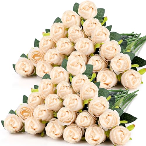 Hotop 40 Pcs Rose Artificial Flowers Bulk with Long Stem,Realistic Silk Fake Roses Bouquet for Home Wedding Centerpieces Party Table Decoration Valentines Gifts(Cream) - color: Cream