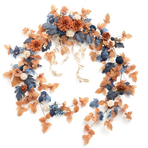 Ling's moment 9FT Eucalyptus & Willow Leaf Garland with White Flower, Handcrafted Wedding Sweetheart Table Centerpieces Head Table Decor Arch Backdrop Decorations for Wedding | Burnt Orange & Denim - color: Or-russet Orange & Denim Blue