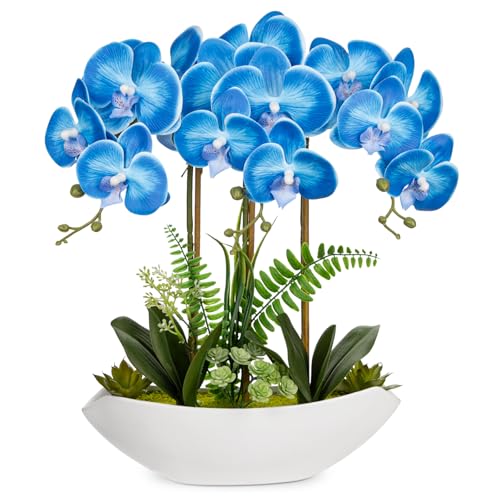 Briful Blue Orchid Artificial Flowers 18in Fake Orchid Silk Flowers with Ceramic Pot Faux Orchid Arrangement for Home Office Room Coffee Table Shelf Modern Decoration - color: Blue White