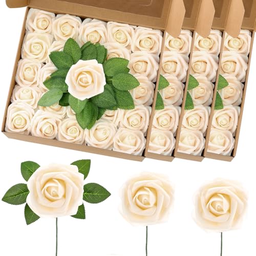 100 Pcs Artificial Foam Rose Flower Faux Bouquet Wedding Fake Rose Gift for Mother's Day Women DIY Bridal Shower Party Table Birthday Home Spring Decor (Champagne) - color: Champagne